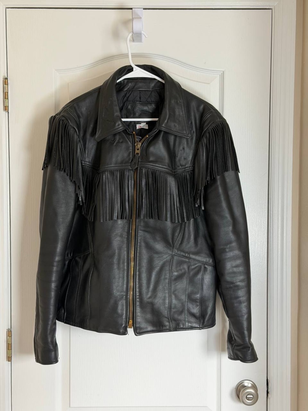 Vintage Branded Garments Inc Black Leather Fringe Jacket Made in USA Moto Biker